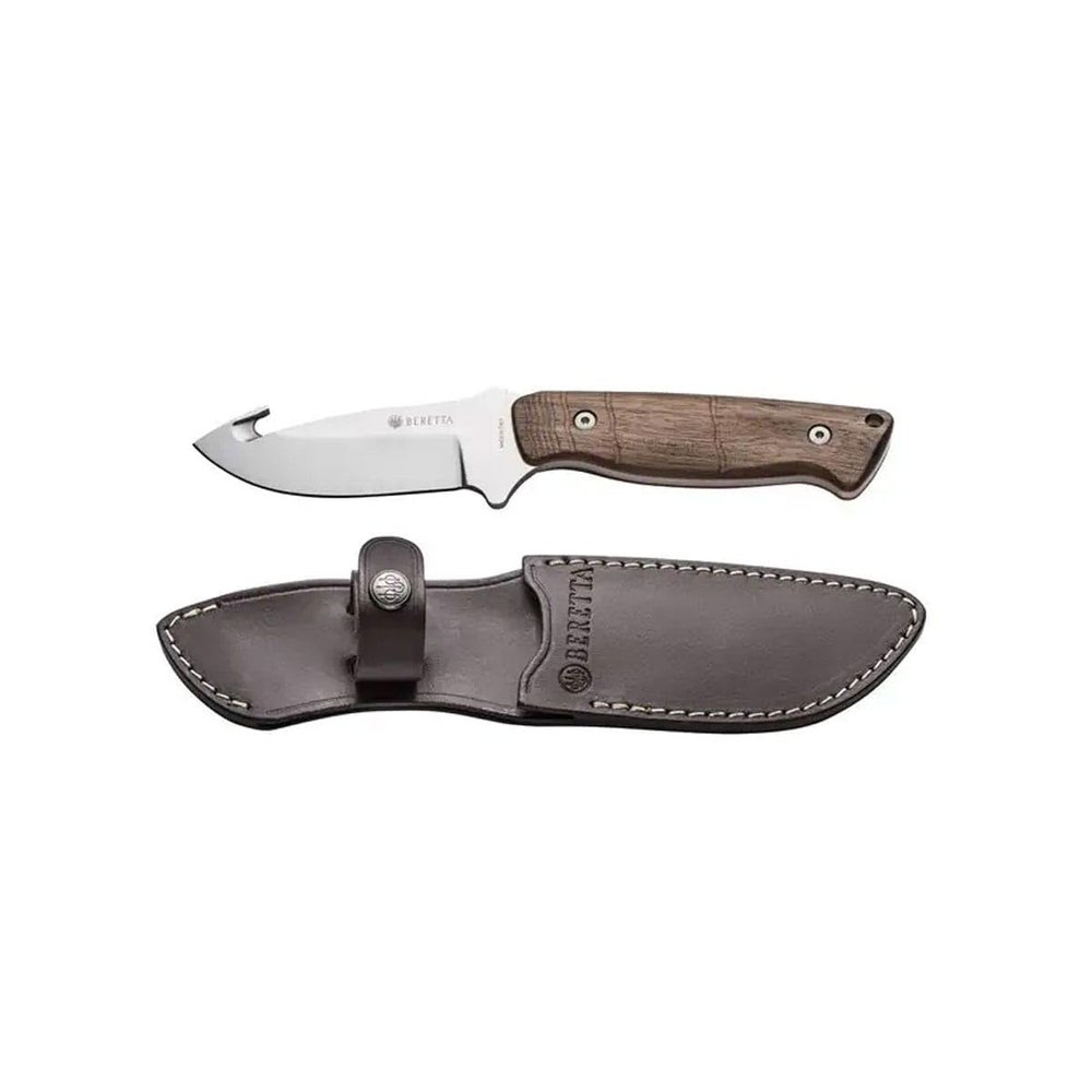 Beretta Chamois Durable Sharp Stainless Steel 4.3" Fixed Blade Hunting Knife with Walnut Wood Handle | Leather Sheath with Loop Included
