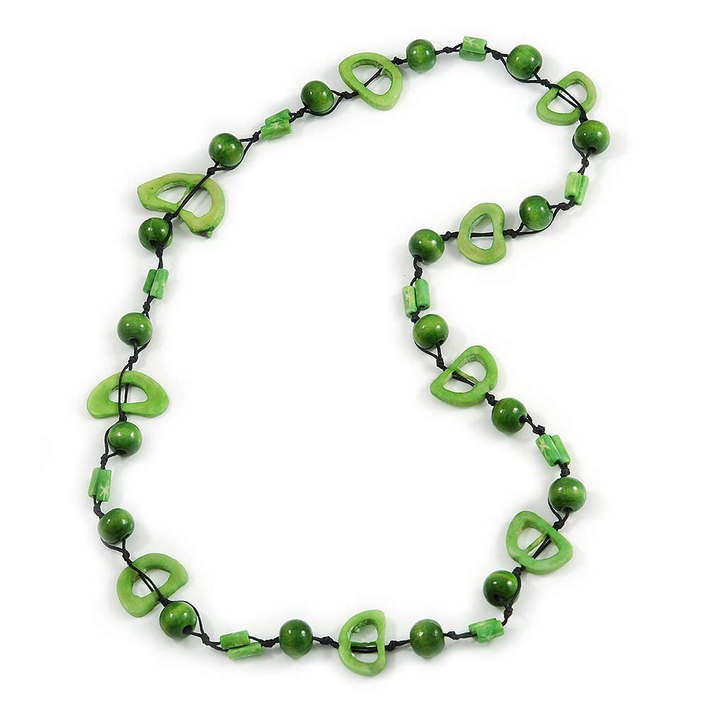 Avalaya Lime Green Round and Oval Wooden Bead Cotton Cord Necklace - 84cm Long
