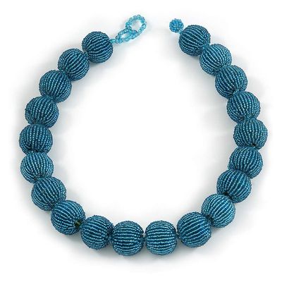 Avalaya Chunky Sky Blue Glass Bead Ball Necklace - 54cm Long