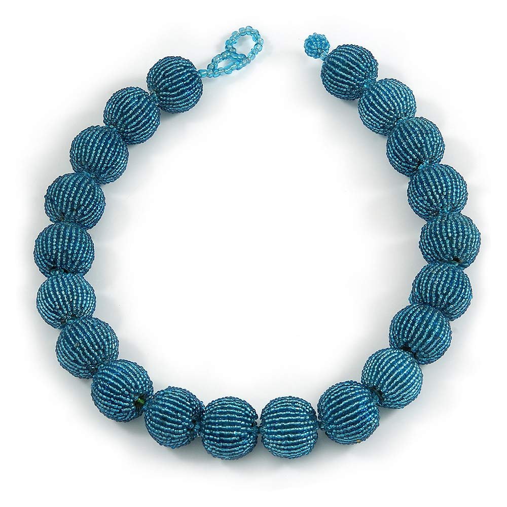 Avalaya Chunky Sky Blue Glass Bead Ball Necklace - 54cm Long