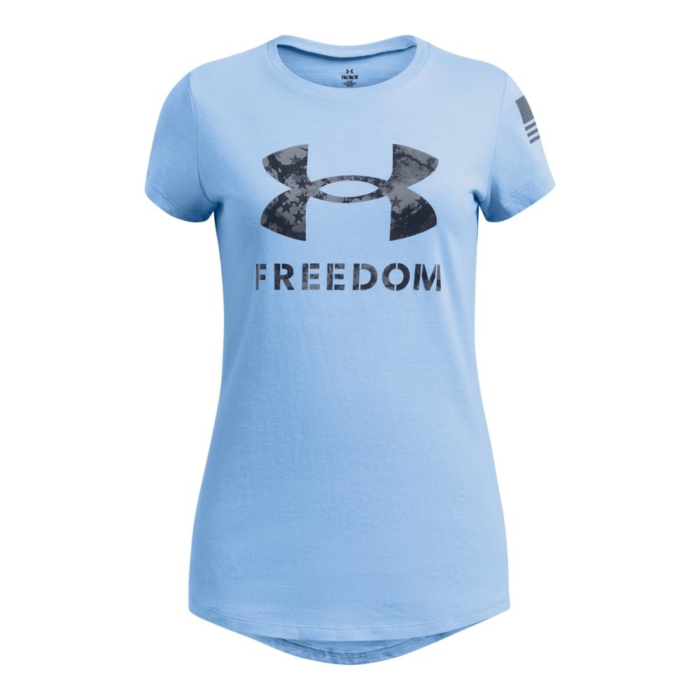 Under Armour Girls' Freedom Print Short Sleeve T Shirt, (465) Horizon Blue / / Downpour Gray, X-Small