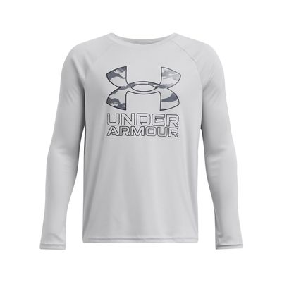 Under Armour Boys' Tech Hybrid Print Fill Long Sleeve, (013) Mod Gray/Mod Gray/Black, Small