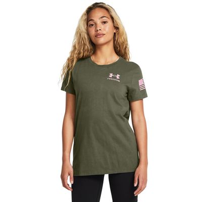 Under Armour Womens New Freedom Banner T-Shirt, (394) Marine OD Green / / Meta Pink, Small