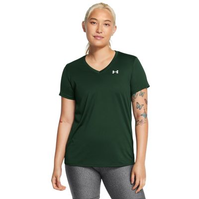 Under Armour Womens Tech Short Sleeve V Neck, (301) Forest Green / / White, Medium