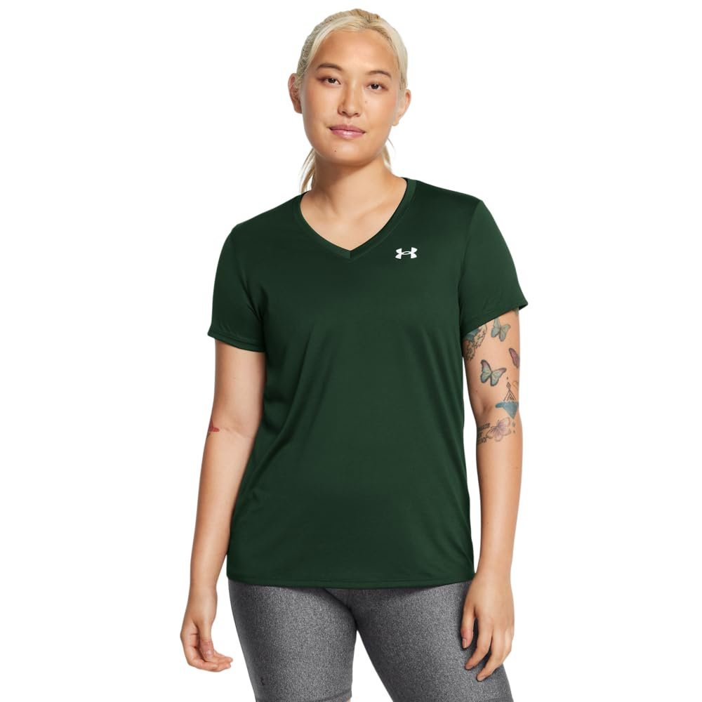 Under Armour Womens Tech Short Sleeve V Neck, (301) Forest Green / / White, Medium