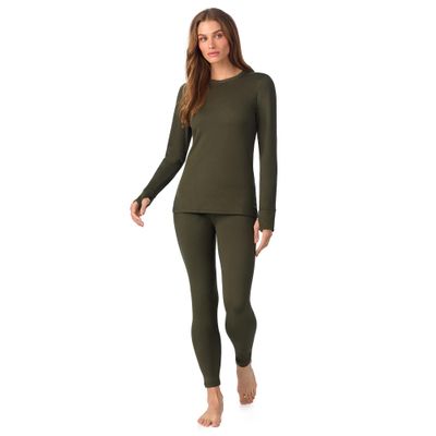 Cuddl Duds Womens Heavyweight Fleece 2 Piece Long Sleeve Thermal Underwear Set  Shirt & Leggings Base Layer for Cold Weather  Winter Clothing Long Johns Lounge Sets for Women, Green, XXL