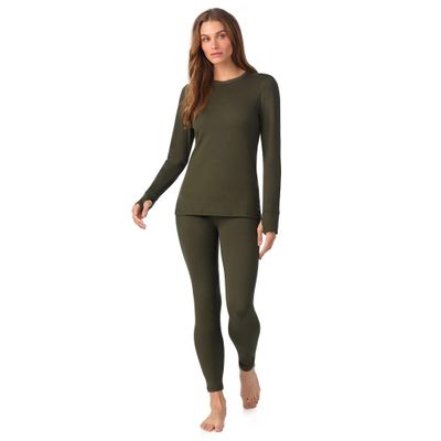 Cuddl Duds Womens Heavyweight Fleece 2 Piece Long Sleeve Thermal Underwear Set Shirt & Leggings Base Layer for Cold Weather Winter Clothing Long Johns Lounge Sets for Women, Green, XL