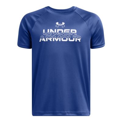 Under Armour Boys Tech Split Wordmark Short Sleeve T Shirt, (432) Tech Blue / / White, Large