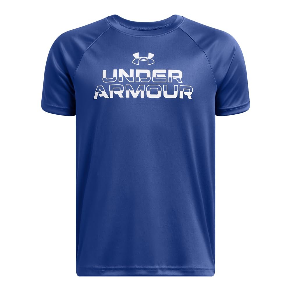 Under Armour Boys Tech Split Wordmark Short Sleeve T Shirt, (432) Tech Blue / / White, Large