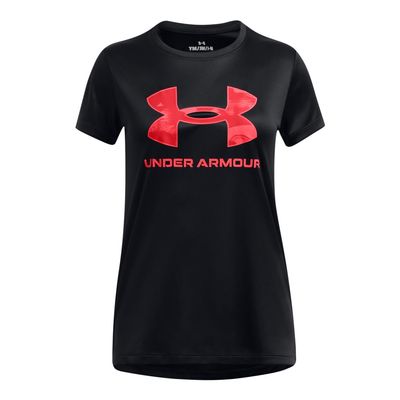Under Armour Girls' Tech Big Logo Short Sleeve Crew Neck, (007) Black / / Racer Red, Small