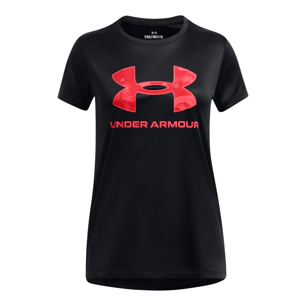 Under Armour Girls' Tech Big Logo Short Sleeve Crew Neck, (007) Black / / Racer Red, Small