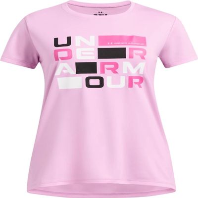 Under Armour Girls' Tech Block Logo Short Sleeve T Shirt, (638) Stellar Pink / / White, Large
