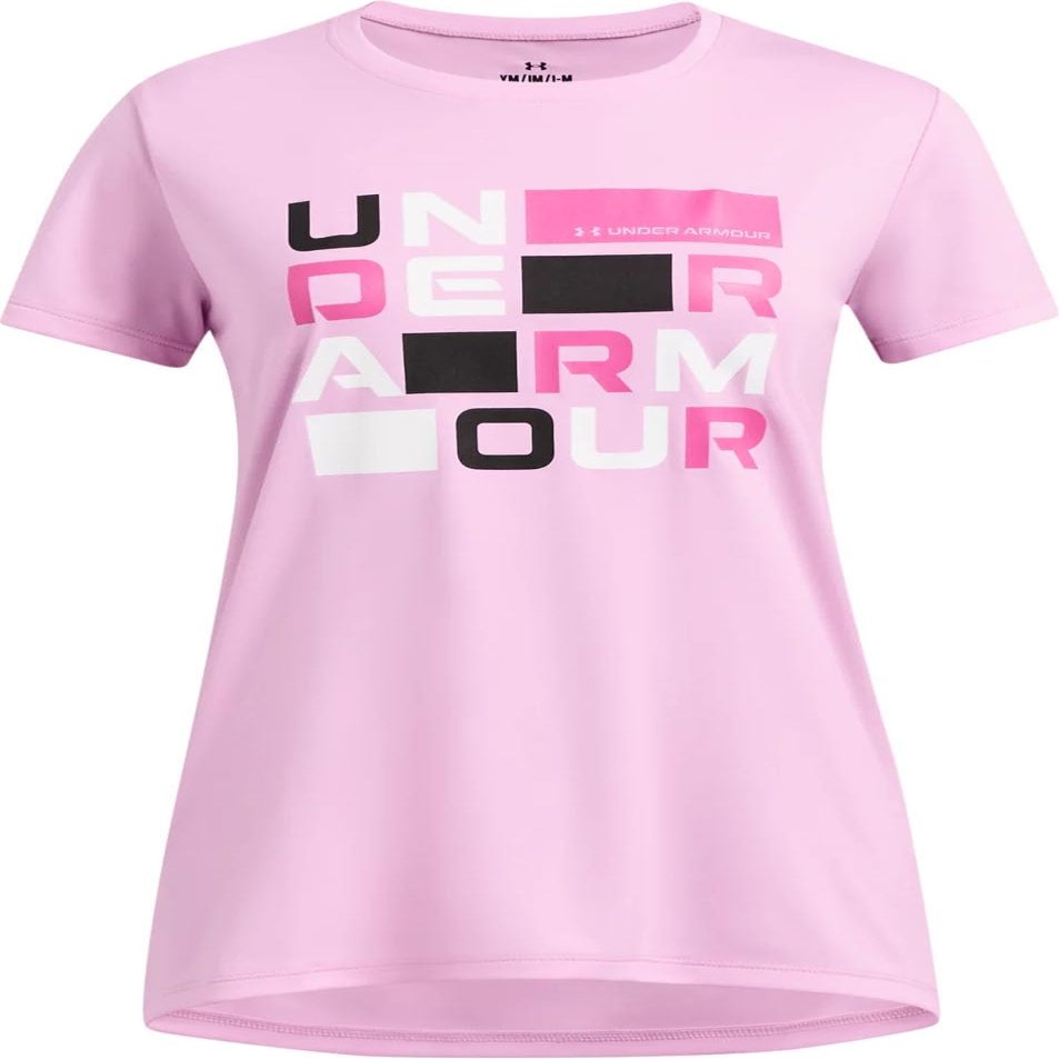 Under Armour Girls' Tech Block Logo Short Sleeve T Shirt, (638) Stellar Pink / / White, Large