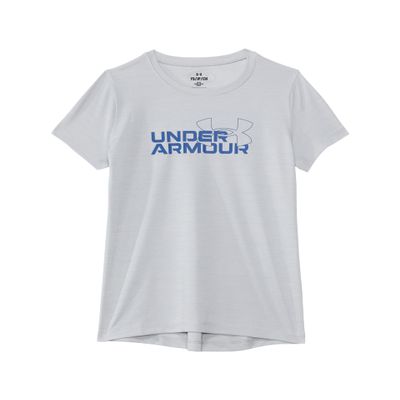 Under Armour Girls' Tech Twist Wordmark Logo Short Sleeve T Shirt, (100) White / / Tech Blue, X-Large