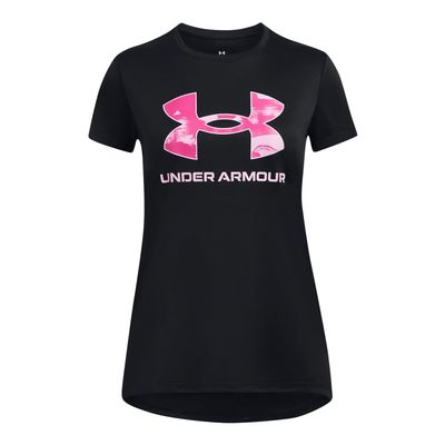 Under Armour Girls' Tech Big Logo Short Sleeve Crew Neck, (006) Black / / Stellar Pink, X-Small
