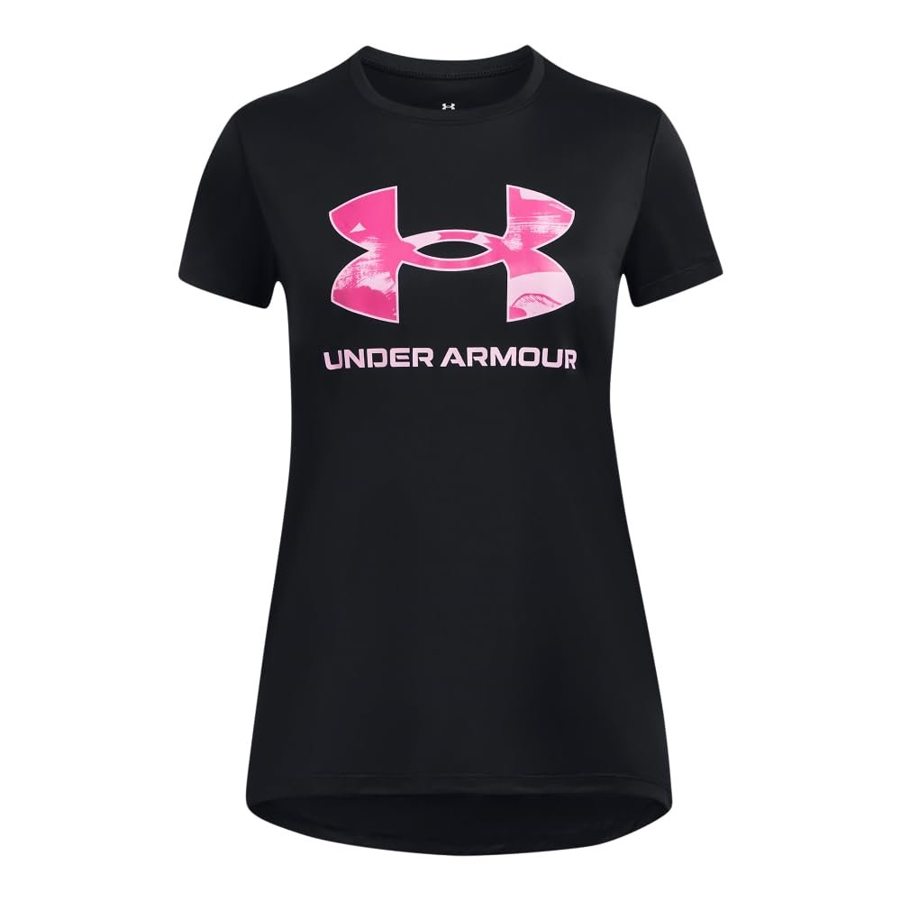 Under Armour Girls' Tech Big Logo Short Sleeve Crew Neck, (006) Black / / Stellar Pink, Small