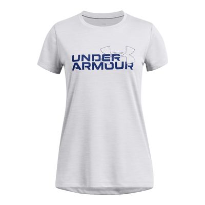 Under Armour Girls' Tech Twist Wordmark Logo Short Sleeve T Shirt, (100) White / / Tech Blue, Medium