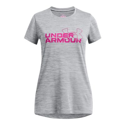 Under Armour Girls' Tech Twist Wordmark Logo Short Sleeve T Shirt, (001) Black / / Rebel Pink, Large