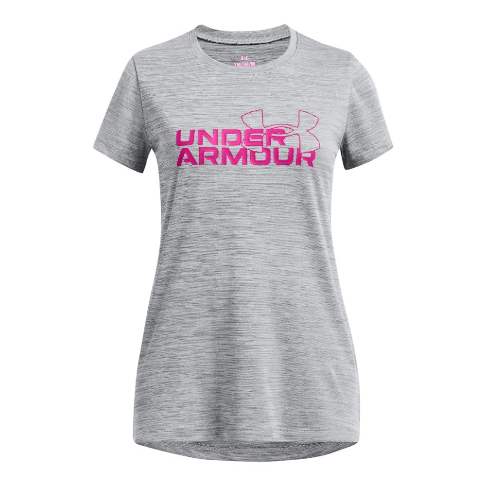 Under Armour Girls' Tech Twist Wordmark Logo Short Sleeve T Shirt, (001) Black / / Rebel Pink, Large