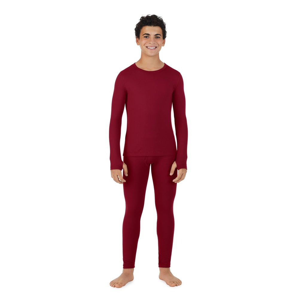 Cuddl Duds Boys Heavyweight Fleece Lined 2 Piece Thermal Underwear Set Long Sleeve Shirt & Leggings Base Layer for Cold Weather Winter Clothing Long Johns Lounge Sets for Kids, Red, S