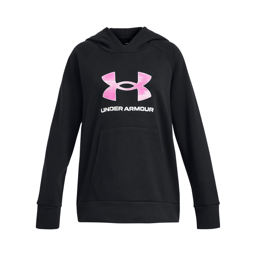 Under Armour Girls' Rival Fleece Big Logo Hoodie, (004) Black / / Stellar Pink, X-Large