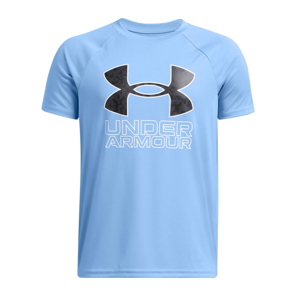 Under Armour Boys Tech Hybrid Print Short Sleeve T Shirt, (465) Horizon Blue/Anthracite/White, Small