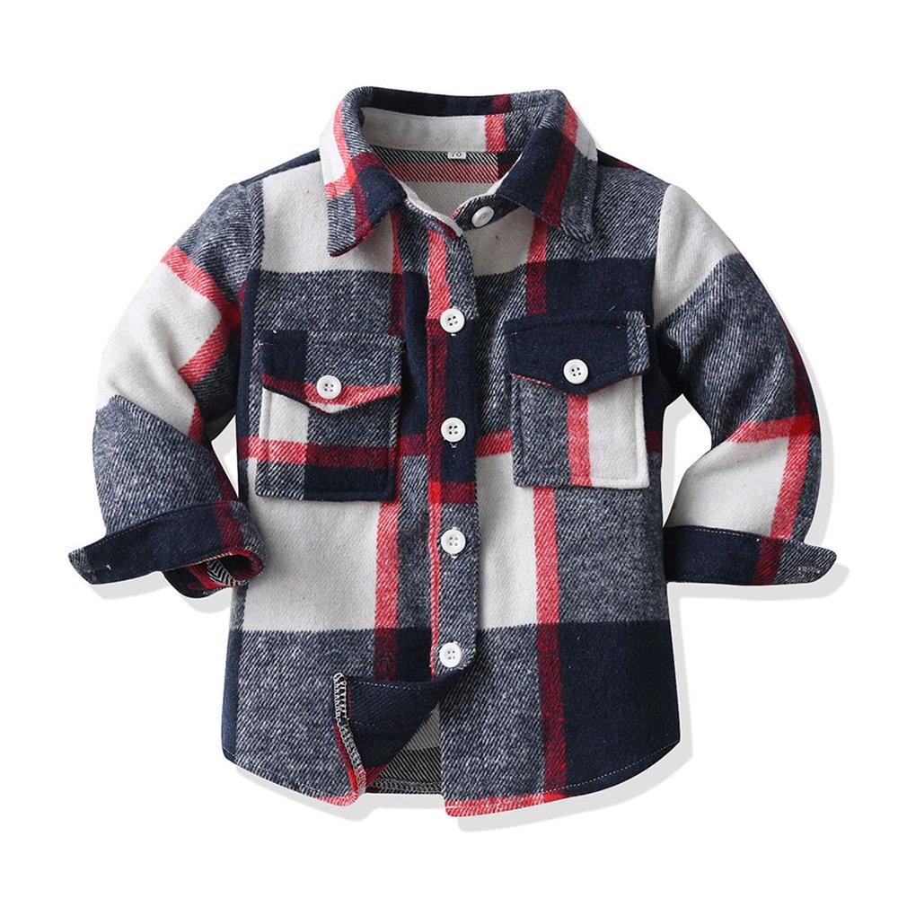 ALLureLove Toddler Boys' Girls' Flannel Plaid Shirt Button Down Long Sleeve Jacket Lapel Shacket Coat Tops Casual Outwear(Dark Blue,8T)