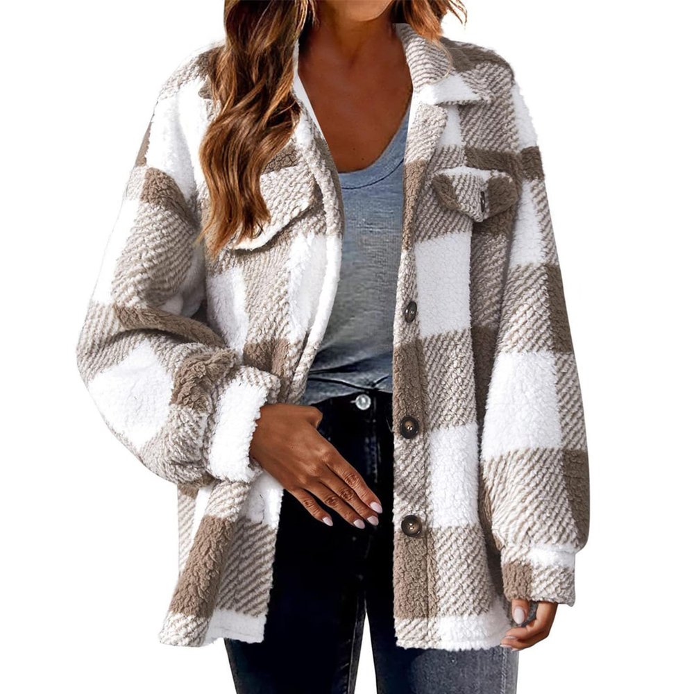 Womens Sherpa Fleece Jacket Fashion Plaid Print Button Down Shirt Jacket Long Sleeve Shacket with Pockets Lapel Coat Khaki