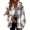 Womens Sherpa Fleece Jacket Fashion Plaid Print Button Down Shirt Jacket Long Sleeve Shacket with Pockets Lapel Coat Khaki view 2