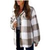 Womens Sherpa Fleece Jacket Fashion Plaid Print Button Down Shirt Jacket Long Sleeve Shacket with Pockets Lapel Coat Khaki view 3