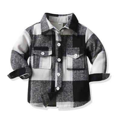 ALLureLove Toddler Boys' Girls' Flannel Plaid Shirt Button Down Long Sleeve Jacket Lapel Shacket Coat Tops Casual Outwear(Dark Black,7T)
