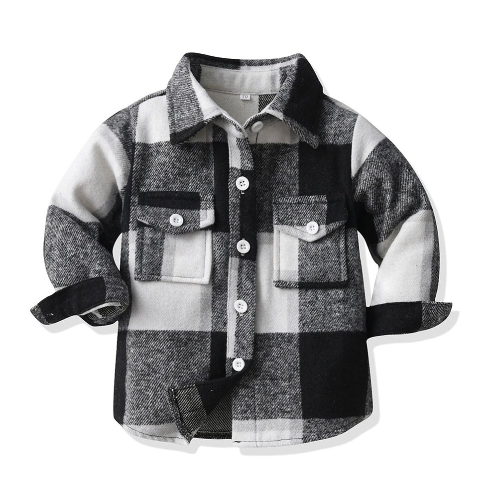 ALLureLove Toddler Boys' Girls' Flannel Plaid Shirt Button Down Long Sleeve Jacket Lapel Shacket Coat Tops Casual Outwear(Dark Black,8T)