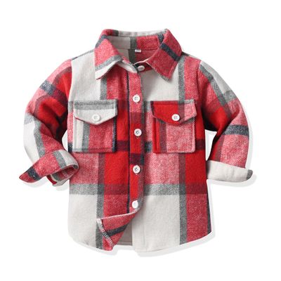 ALLureLove Toddler Boys' Girls' Flannel Plaid Shirt Button Down Long Sleeve Jacket Lapel Shacket Coat Tops Casual Outwear(Red-2,3T)