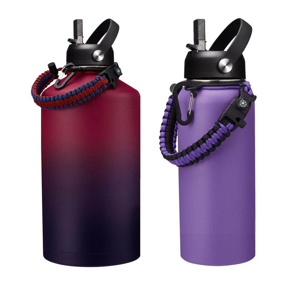 DIGJUPER 128oz Insulated Flask Water Bottle and 32 oz Metal Water Bottles with Sleeve Strap, Big Water Jug with Straw & Spout Lid, Gym Camping Gallon Thermo Jug w/Paracord Handle, protective Boot