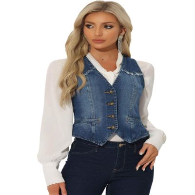 Allegra K Denim Vest for Women's Sleeveless V Neck Washed Distressed Y2K Jean Waistcoat Jacket X-Small Dark Blue