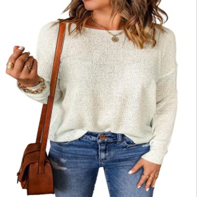 Acelitt Womens Casual Summer Long Sleeve Crewneck Lightweight Oversized Fashion 2025 Crochet Knit Pullover Sweater Shirts White XS