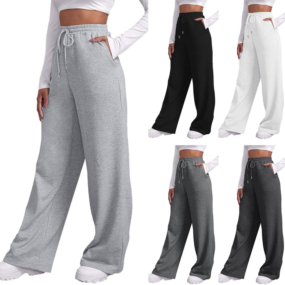 Womens Wide Leg Sweatpants Cozy Fleece Boyfriend Casual Jogger Pants Baggy Elastic High Waisted Yoga Pants with Pockets