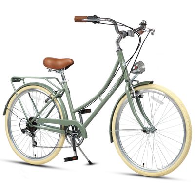 AVASTA 26 Inch Hybrid Bike, Lightweight Step-Through Hi-Ten Steel Frame for City Commuting, 6 Speed Comfort Bicycle with Light in Elegant Green with Stylish Beige Tires for Woman Female