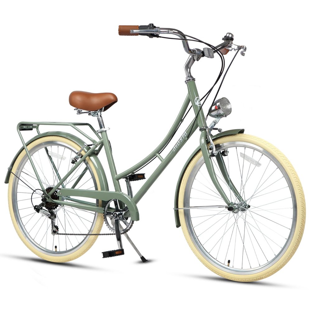 AVASTA 26 Inch Hybrid Bike, Lightweight Step-Through Hi-Ten Steel Frame for City Commuting, 6 Speed Comfort Bicycle with Light in Elegant Green with Stylish Beige Tires for Woman Female