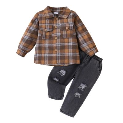CETEPY 2T Boys Clothes Toddler Boy Fall Outfits Winter Button Down Brown Plaid Shirt + Pocket Jean Pants Clothing Set 2-3 Years Old