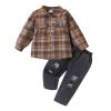 CETEPY 2T Boys Clothes Toddler Boy Fall Outfits Winter Button Down Brown Plaid Shirt + Pocket Jean Pants Clothing Set 2-3 Years Old view 1