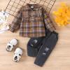 CETEPY 2T Boys Clothes Toddler Boy Fall Outfits Winter Button Down Brown Plaid Shirt + Pocket Jean Pants Clothing Set 2-3 Years Old view 2