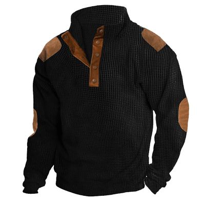Men's Retro Waffle Sweatshirt Patched Elbow Shoulder Fall Winter Long Sleeve Lapel Button Down Corduroy Plaid Outdoor Casual Pullover Top Black