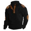 Men's Retro Waffle Sweatshirt Patched Elbow Shoulder Fall Winter Long Sleeve Lapel Button Down Corduroy Plaid Outdoor Casual Pullover Top Black view 1