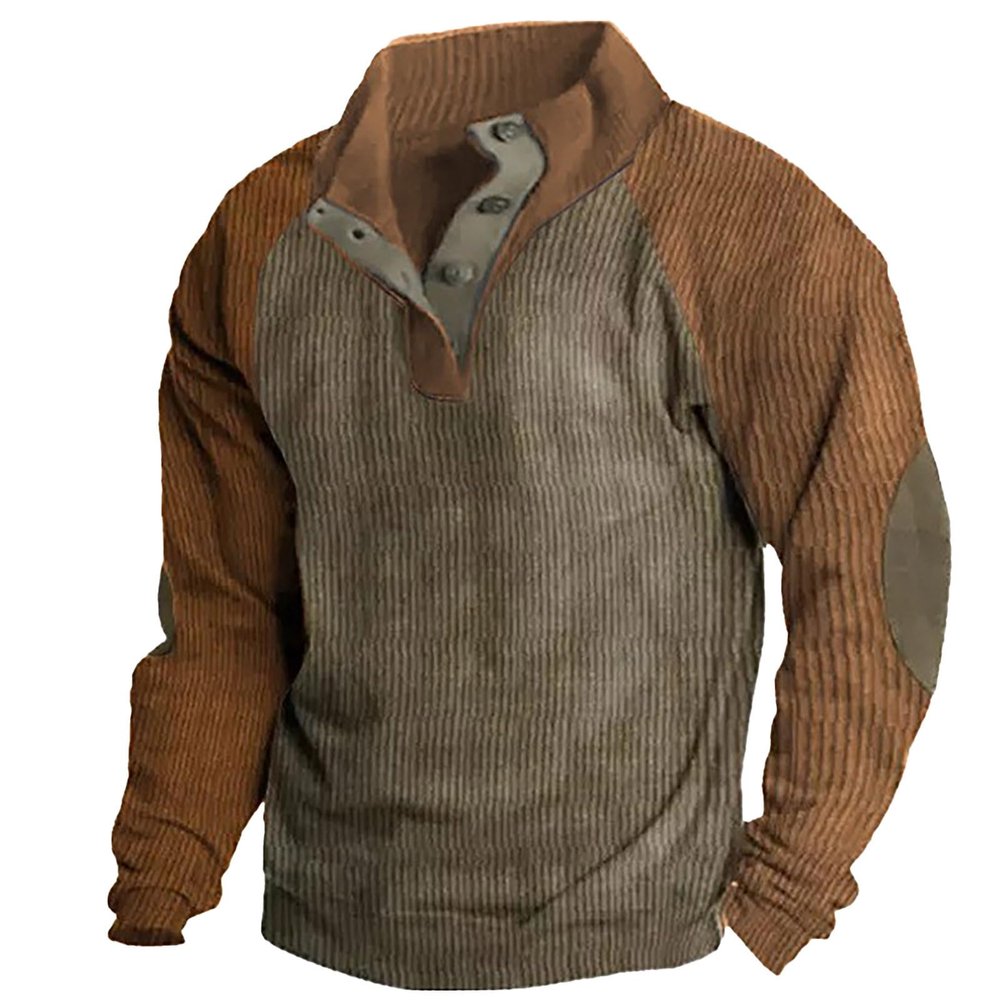 Men's Quarter Zip Waffle Knit Sweatshirt Long Sleeve Solid Plaid Jacquard Pullover with Pocket Brown