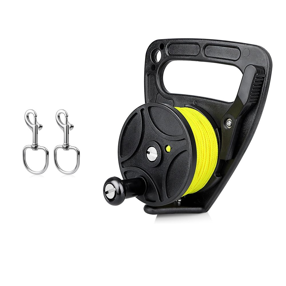 150ft Scuba Dive Reel with Thumb Stopper Black for Kayak Anchor, Cave, Wreck Diving 2 Piece Swivel Large Eye Bolt Snap Stainless Steel for Scuba Diving, Boat Anchor Rope