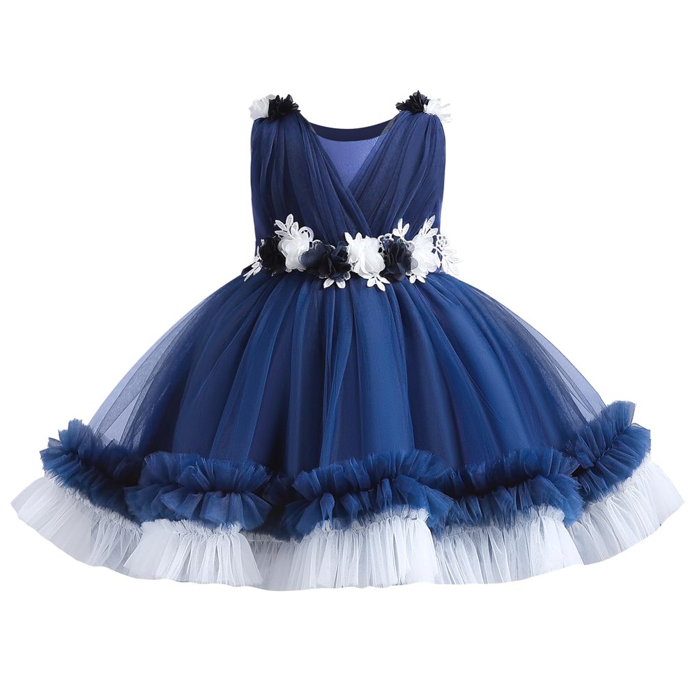ABEWIP Baby Girl Flowers Dresses Infant Toddler Girls Lace Tulle Dress for Pageant Bridesmaid Ball Gown Birthday Party Royal Blue 100/3-4 Years