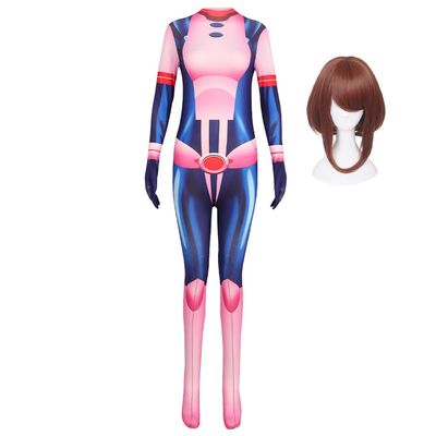 QAHEART Anime MHA Cosplay Costume Uraraka Ochaco Jumpsuit with Wig Bodysuit Outfit Suit Halloween Party Dress up