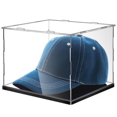 Barydat Clear Hat Display Case 9.6" L x 7.3" W x 9.3" H Acrylic Baseball Cap Holder Stand Transparent Hat Storage Box Dustproof UV Protection with Removable Mirror Base for Football Sports Caps