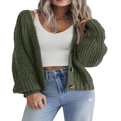 Zeagoo Cropped Cardigans for Women Chunky Knit Long Sleeve Open Front Cardigan V Neck Button Sweaters Army Green